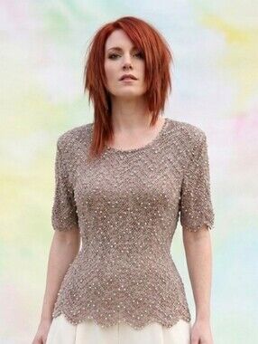 VINTAGE🤎PEARL LIKE BEADED Brown CROCHET Stretchy LINED Top Size M